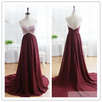 Evening Dress, Maroon Evening Dress, 2016 Evening Dress, Sweetheart Evening Dress, Beads Evening Dress, Wine Red Evening Gown with Long Train