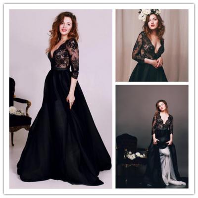 Prom Dress, Black Prom Dress, Deep Prom Dress, V-Neck Prom Dress, Lace Prom Dress, Formal Occasion Dress, Gorgeous Prom Dress, A-Line Prom Dress, 3/4 Long Sleeve Prom Gown