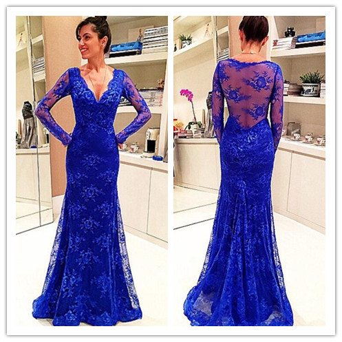 blue evening gown with sleeves